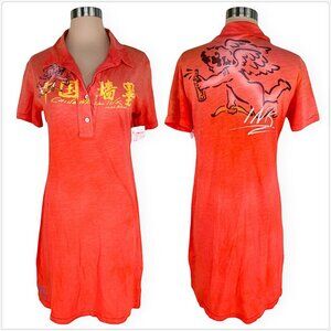 The Great China Wall Ink Orange Red Angel Can Logo Polo Shirt Dress NWT NEW M
